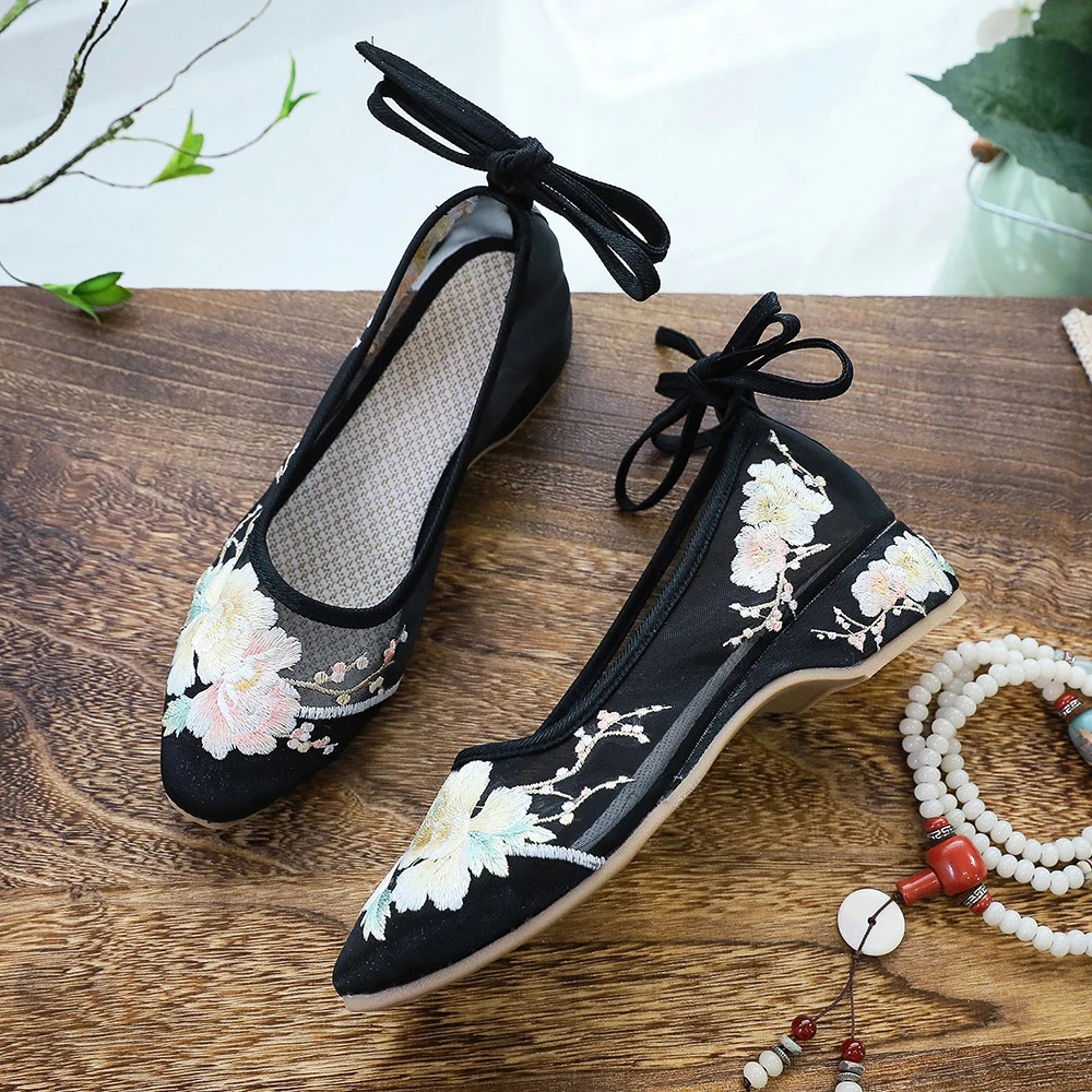 Veowalk Long Ankle Strap Summer Women Gauze Mesh Embroidered Ballet Flats Breathable Comfortable Walking Shoes for Elegant Lady 250613