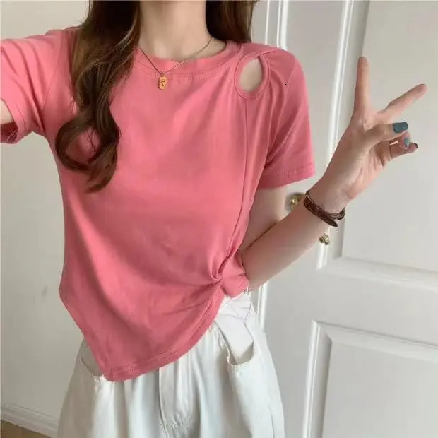 Summer Fashion Y2K T-shirt Woman Hollow Out Sexy Crop Top High Waist Short Sleeve Tee Shirt Women Pleated Clothes Kpop 250614