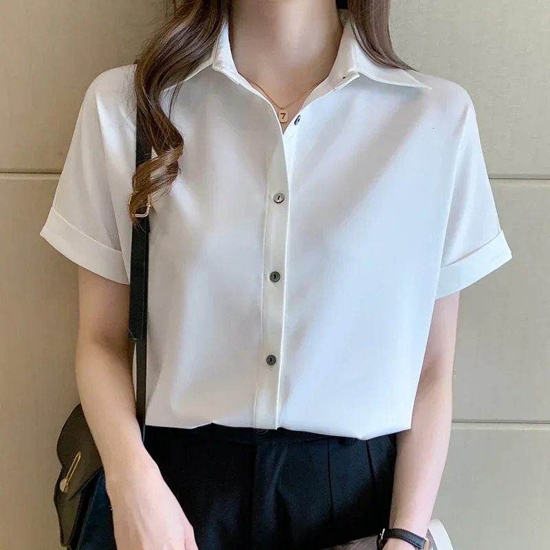 Fashion Summer Turn Down Collar White Women Shirt Short Sleeve Chiffon Blouse Tops Blusas Camisas De Mujer E704 250614