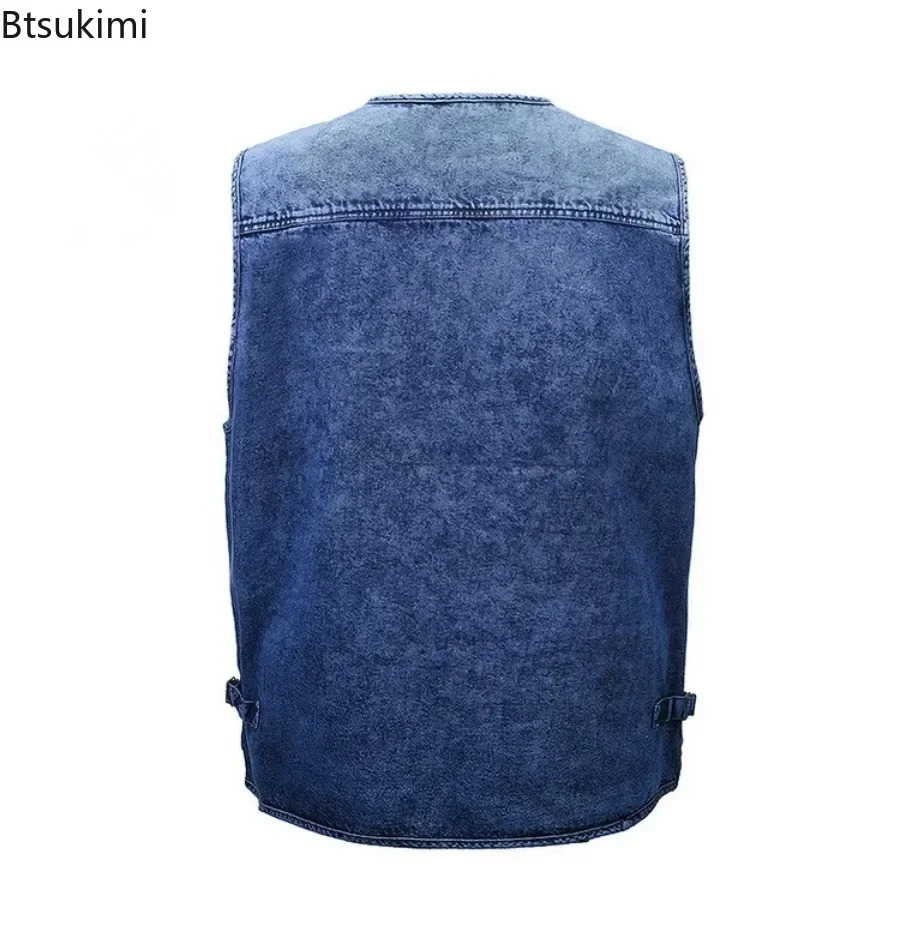 Mens Pure Cotton Denim Vest Multi-pocket Loose Casual Sleeveless Jacket Male Hiking Fishing Travel Waistcoat Plus Size 250614