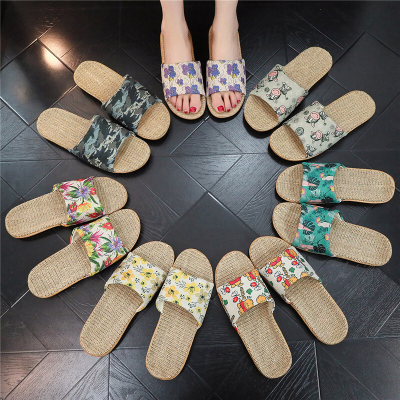 Four season linen slippers, fashionable printed thick soled non slip shoes, sweat absorbing and wear-resistant large soled designer sandals