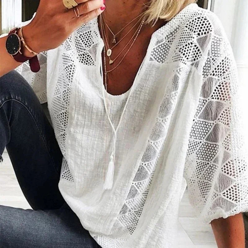 Elegant Summer Lace Stitching Blouse Women Vintage Uneck Tops Three Quarter Sleeve Cotton Shirt Casual Loose Clothes 24294 250614