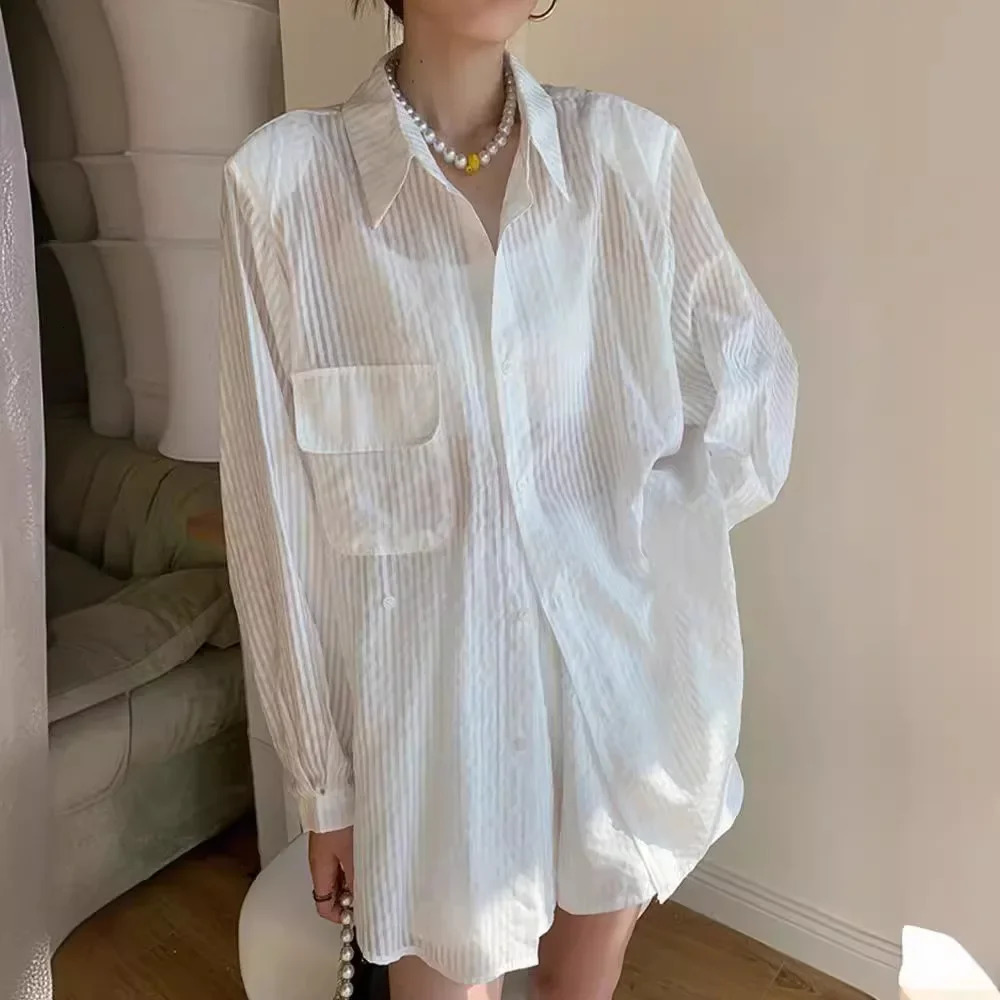 Fashionable Casual Striped Set Womens Summer Thin Loose Sun Protection Top Shorts TwoPiece Set Stylish Polyester Fiber 250609