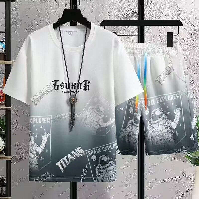 2025 Summer New Men's Gradient Trend Casual Youth Sports Fashion Versatile T-Shirt and Shorts Two-Piece Set