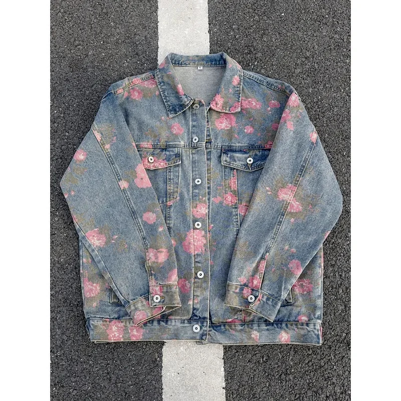 Rose Print Denim Jackets For Men Women Vintage Jeans Coats Gothic Oversized Males Casual Clothes 250614