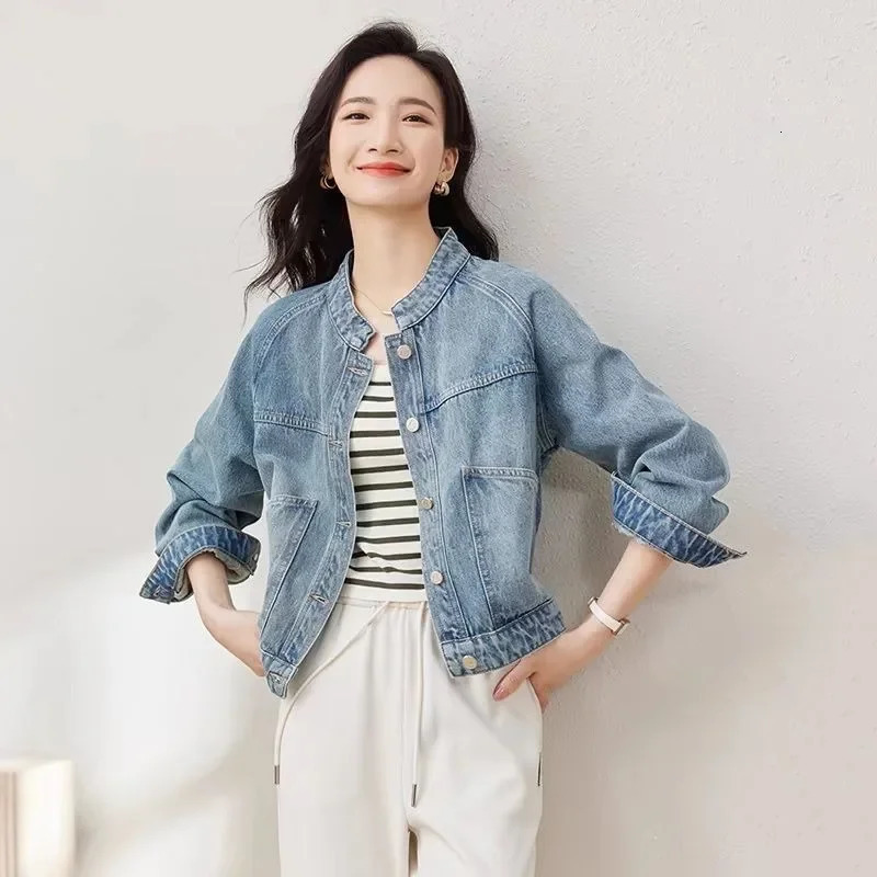 Bomber Denim Jacket for Women Plain Studded Stand Collar Cowboy Coat Woman Spring Autumn on Sale Trend Korean Outer Vintage 250609