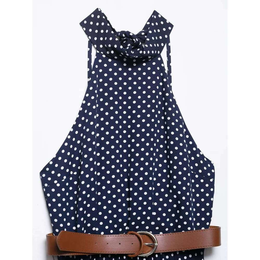 Women's Elegant And Stylish Sleeveless Off Shoulder Halter Neck Mid Length Polka - Dot Dress With Belt Decoration