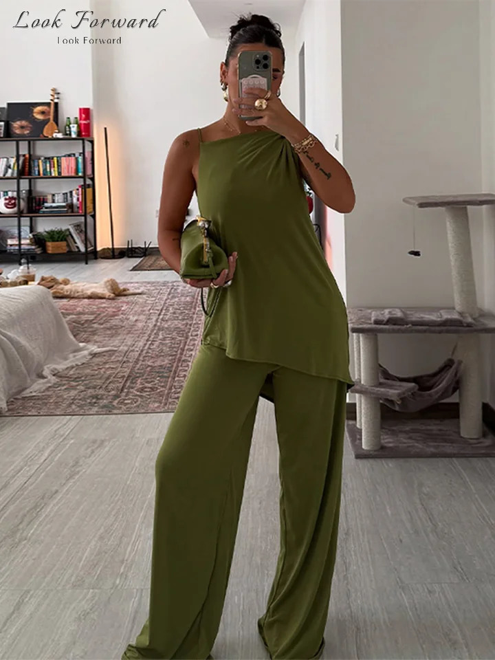 Halter Top Trouser Suit Satin Backless Irregular Vests Wide Leg Pants Sets Spring Summer Holiday Green Elegant Set Lady 250614