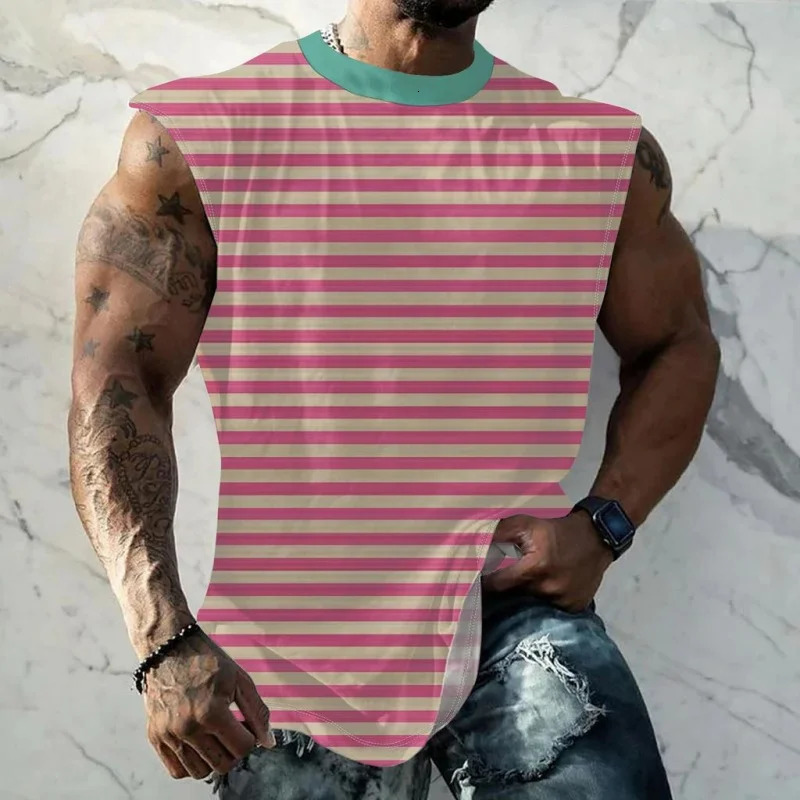 3D Printed Colorful Stripes Tank Top For Men Color Block Pattern Tees Summer Casual Loose Street Sports y2k Round Neck Tops Vest 250613