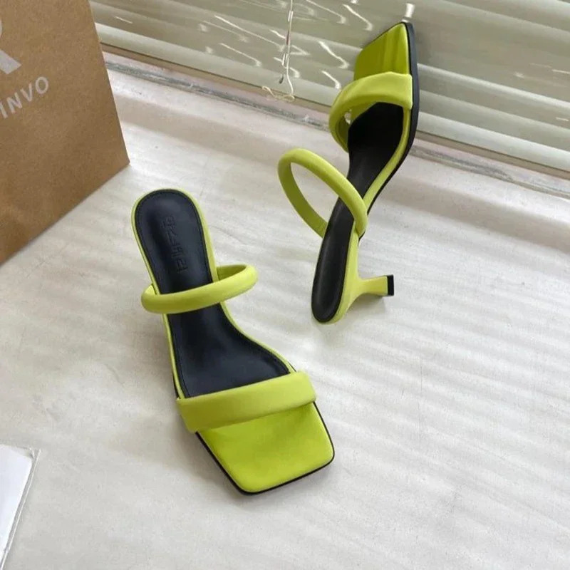 Open Toe High Heeled Sandals Womens Summer Square Head Thick Heel Mid-heel Slippers 250703