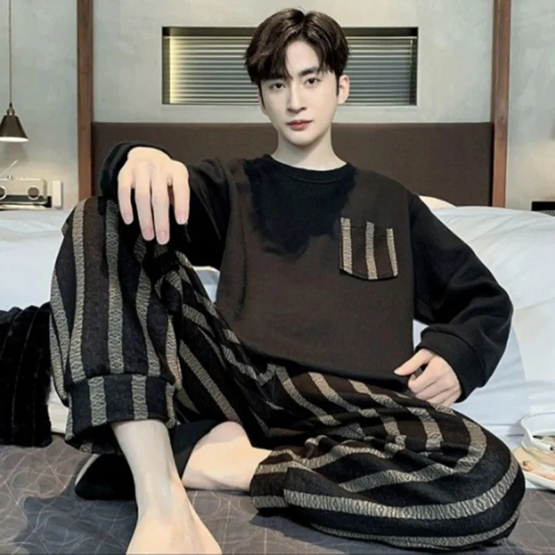 Two Piece Plus Size Men Pajamas Long Sleeve Loose Breathable Cartoon Bear Striped Letters Black Crew Neck Loungewear Set 250611