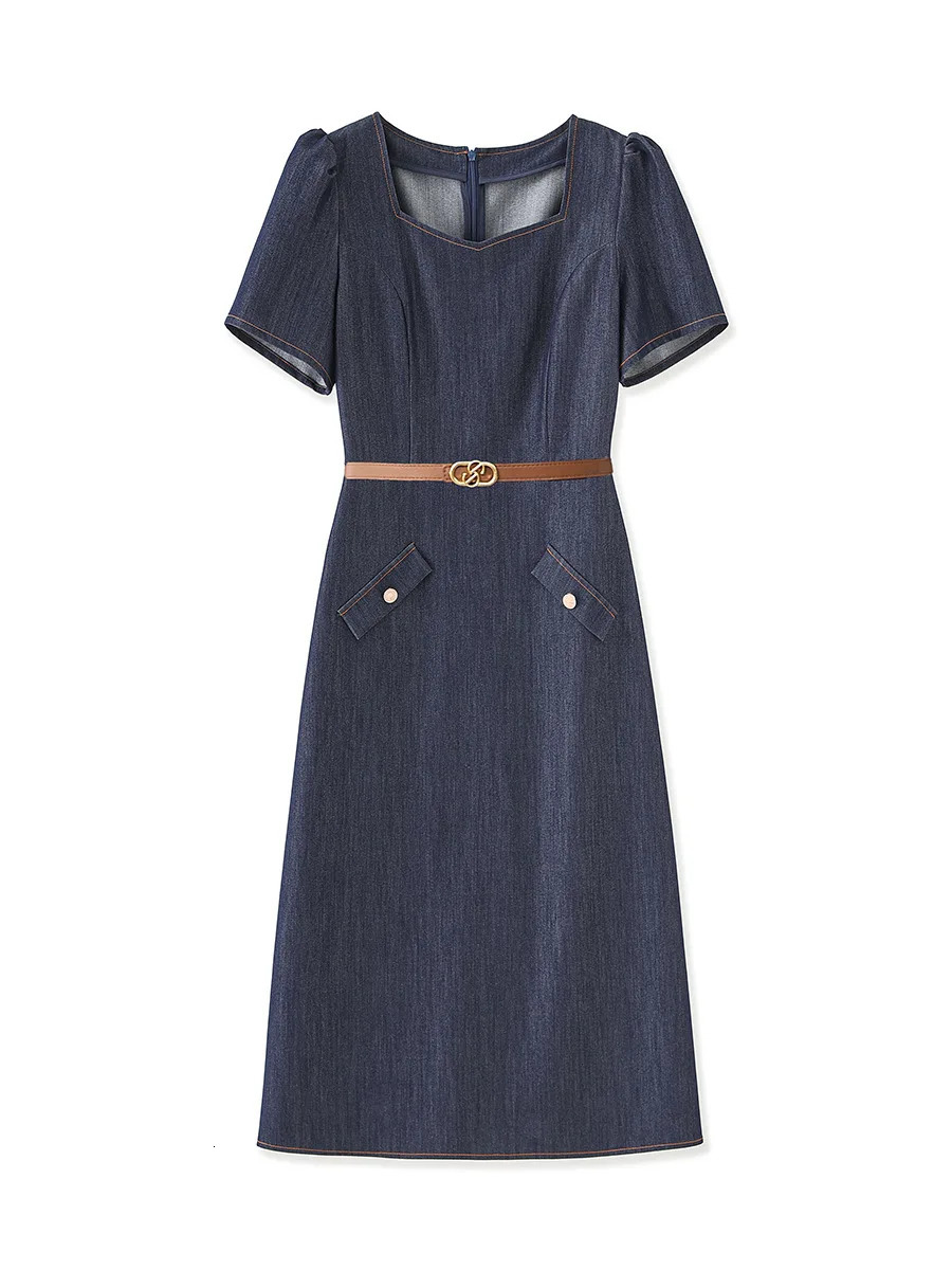 ZJYT Summer Elegant Vintage Midi Denim Dress Women Square Collar Short Sleeve Casual Dresses Female 2025 Blue Vestidos 250609