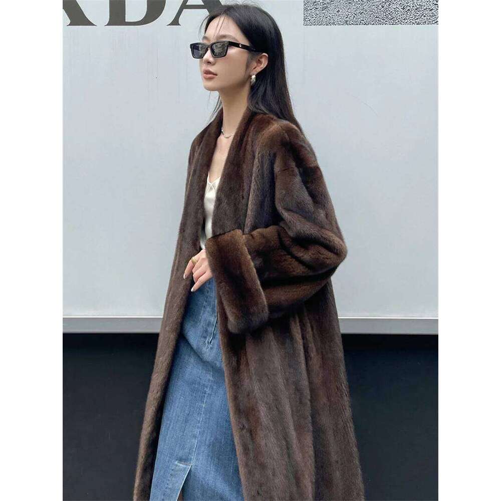 2024 Women Winter Jacket V-Neck Loose Fashionable Warm Ecological Mink Fur Lady Coat Casual Long Parkas Brown