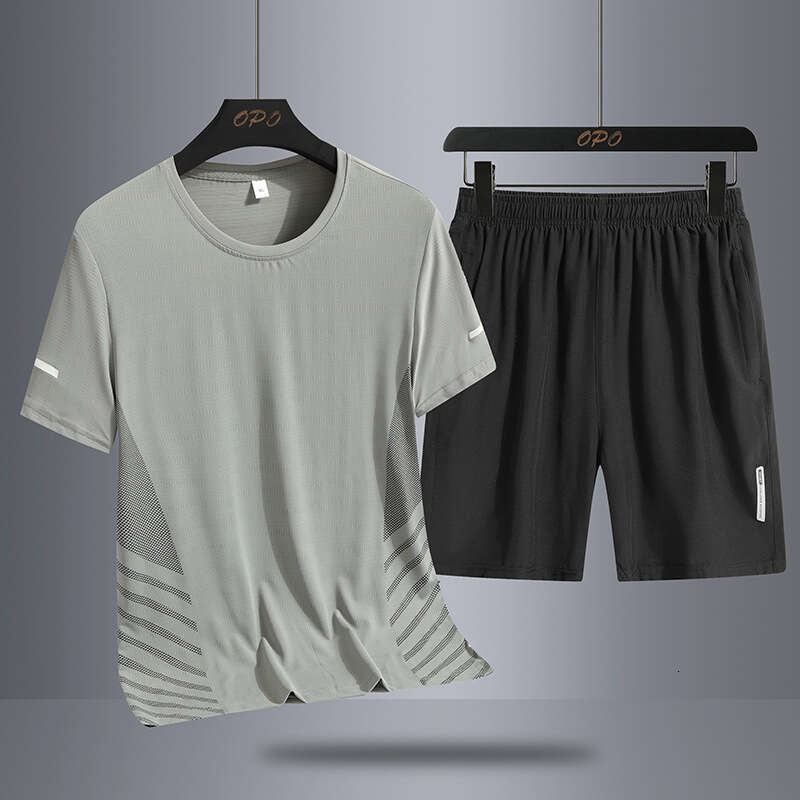 Ice Silk Sports Suit Men's Quick-Dry Breathable Short-Sleeve T-Shirt Five-Point Shorts Trendy Two-Piece Running Outfit