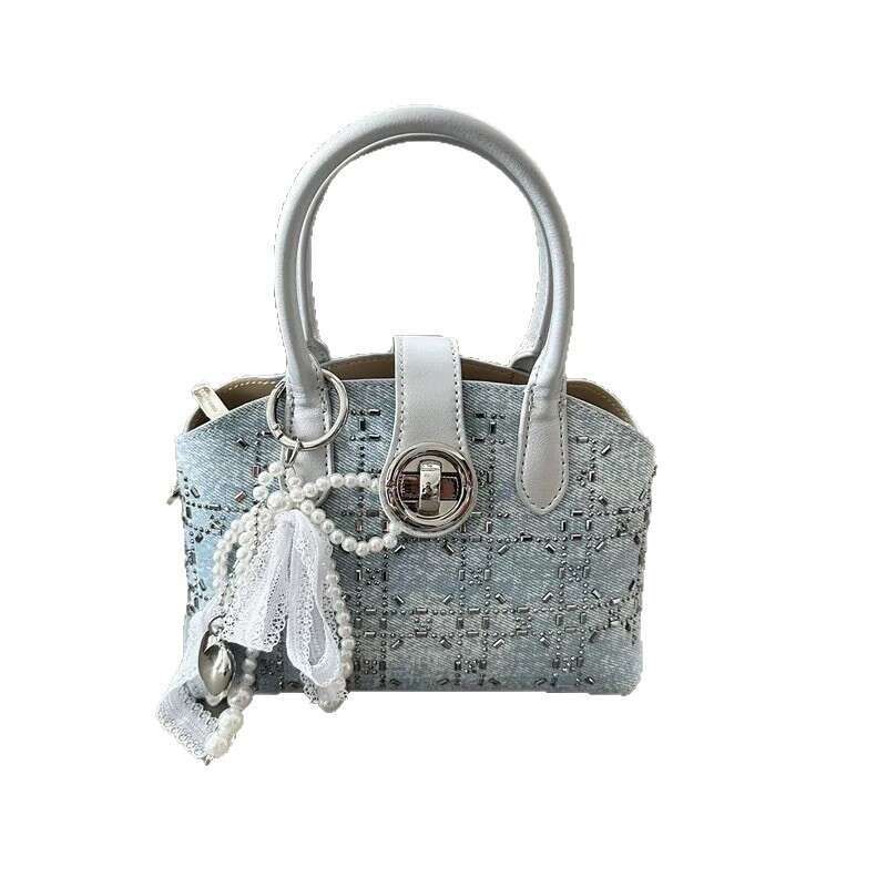 Rhinestone Embellished High-end Denim Lock Handbag for Women 2025 New Korean Fashion Single Shoulder Crossbody Bag
