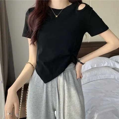 Summer Fashion Y2K T-shirt Woman Hollow Out Sexy Crop Top High Waist Short Sleeve Tee Shirt Women Pleated Clothes Kpop 250614
