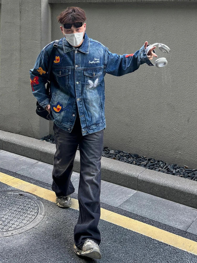 REDDACHIC Butterfly Patches Men Denim Jacket Wash Distressed Flap Pockets Long Sleeves Singlebreasted Coat Y2k Retro Outerwear 250614