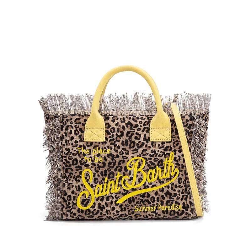 Saint Barth Handbag New Beach Casual Fringe Canvas Leopard Print Yellow Small Tote Bag For Women