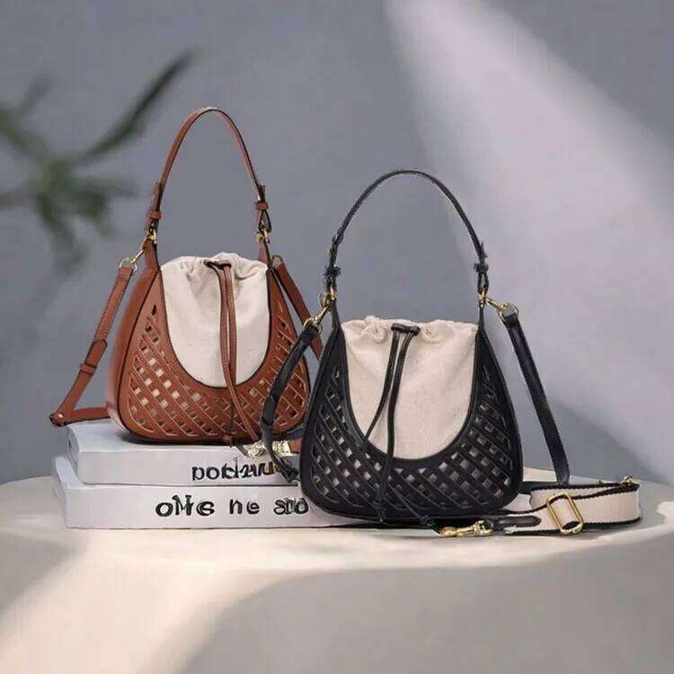 French Style Soft Leather Woven Hollow Out Bucket 2025 Summer New Trend Small Top-Handle Handbags Travel Vacation Beach Bag