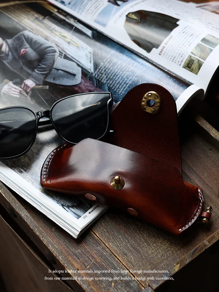 Vintage American Style Vegetable Tanned Leather Glasses Case - Portable Eyeglass Holder with Lanyard for Men/Women 250610