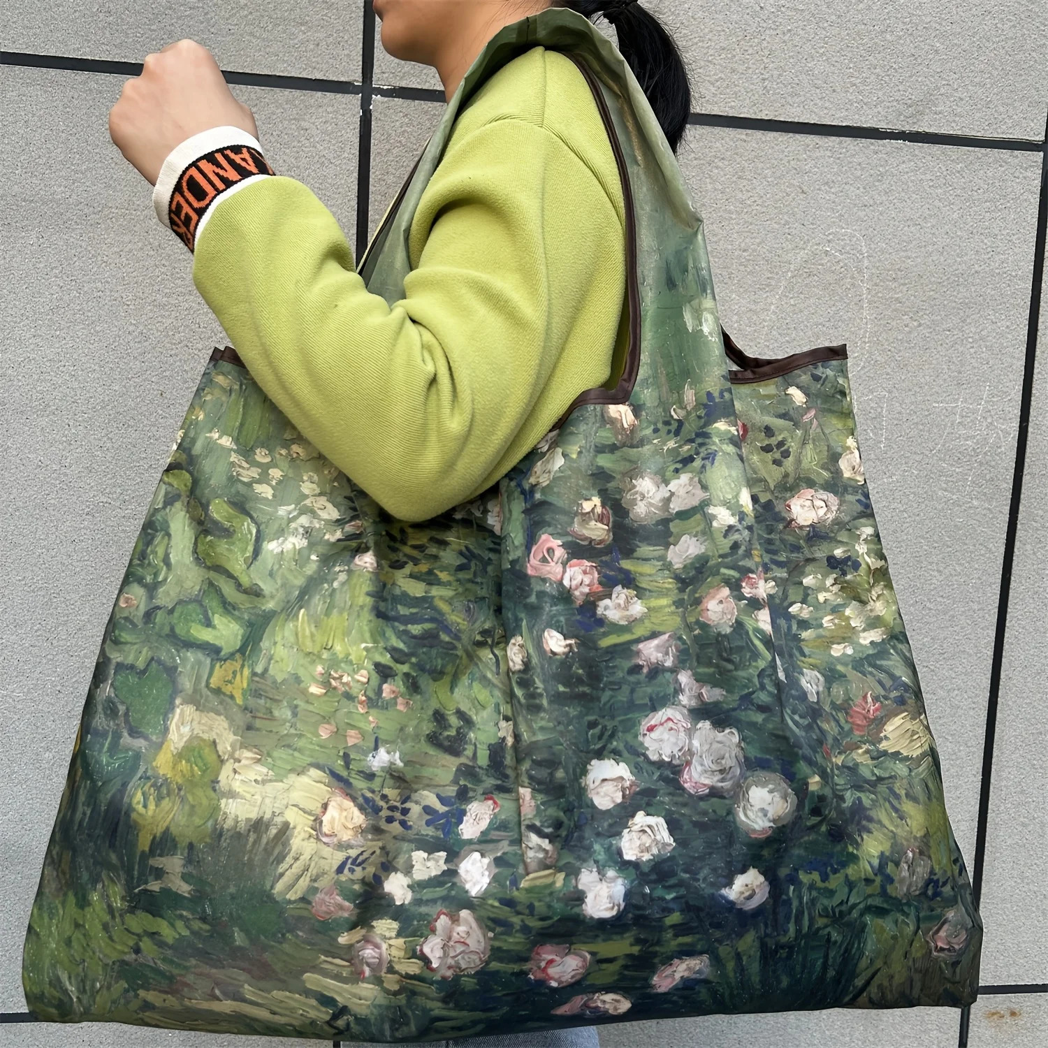 Rose Oil Painting Fashion Bag Foldable Shopping Bag Reusable Grocery Storage Bag Nylon Portable Shoulder Handbag Travel Tote Bag 250610