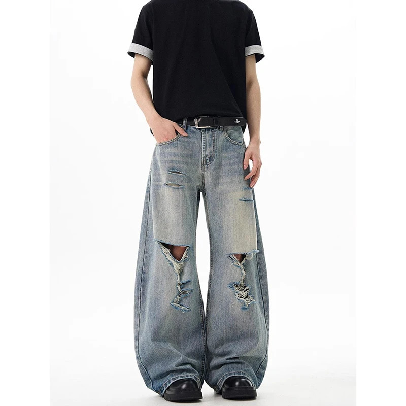 Spring American Vintage Y2k 2000s Blue Ripped Jeans Mens High Wide Leg Denim Pants Streetwear Fashion Baggy Cargo Trousers 250614