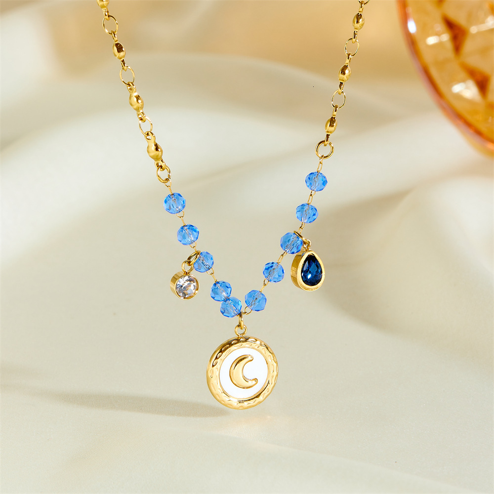Fashion Light Personality Encrusted Geometric Mother-of-Pearl Moon Bead for Women Titanium Steel Necklace