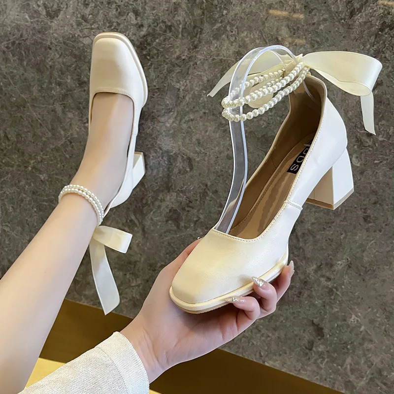 er Ladies High Heels Elegant Bow Square Toe Black High Heels Fashion Thick Heel Wedding Party Pearl Lace Wedding Shoes 250614