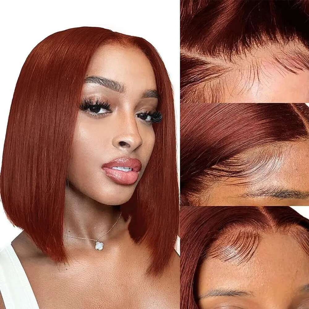 Reddish Brown Human Hair 13x4 Frontal Wig 180% Density Colored HD Transparent Short Bob Lace Front Wigs Pre Plucked