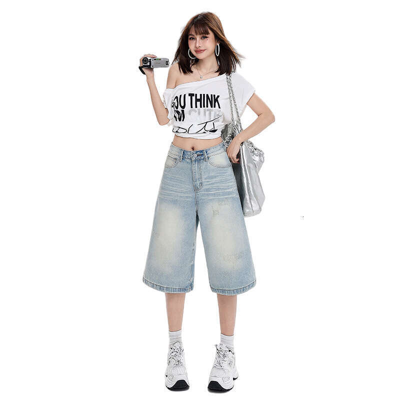 American Street Denim Capri Pants for Women, Summer New Washed Faded Loose High Waist Straight Wide Leg Shorts designer bag