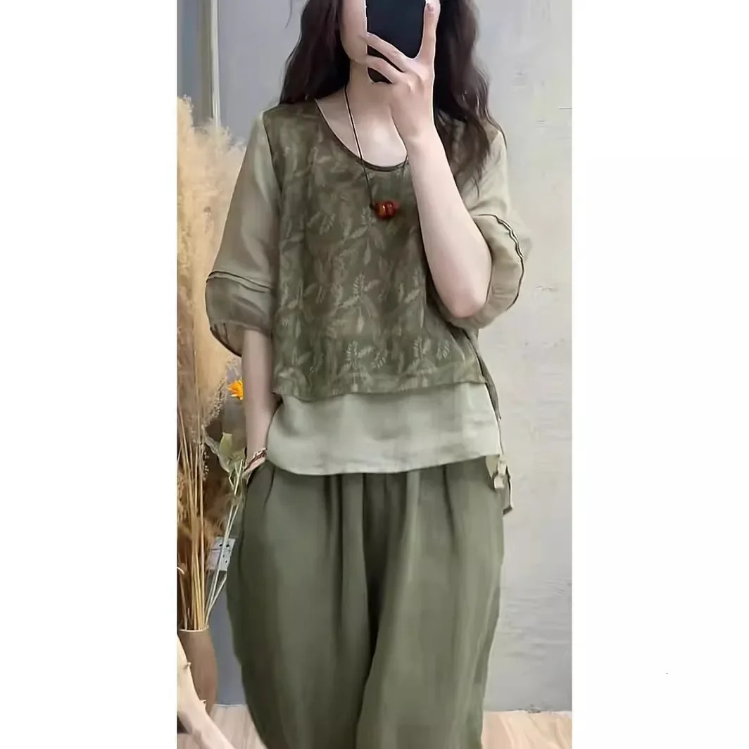 Summer Womens Cotton Linen Set Print Splicing Slimming TwoPiece Suit Fashionable Harlan Pants VNeck Short Sleeve Top 250609