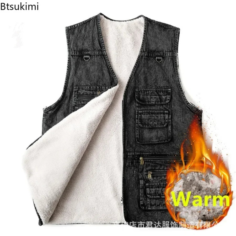 Mens Pure Cotton Denim Vest Multi-pocket Loose Casual Sleeveless Jacket Male Hiking Fishing Travel Waistcoat Plus Size 250614