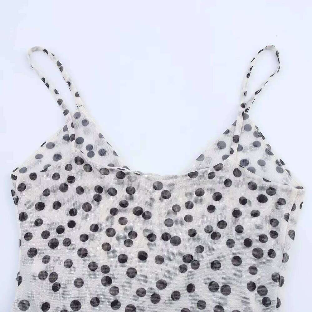 Womens Elegant Sexy V Neck Spaghetti Strap Mid - Length Mesh Polka Dot Dress With Loose Drapey Large Hem