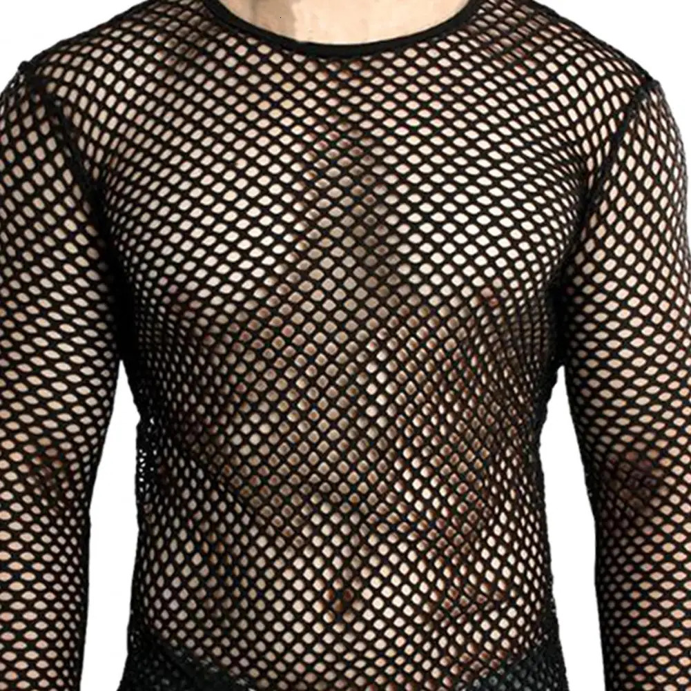 Men Club Top See-through Hollow Out Fishnet O Neck Short Sleeve Loose Thin Pullover Hip Hop Streetwear Men T-shirt 250614