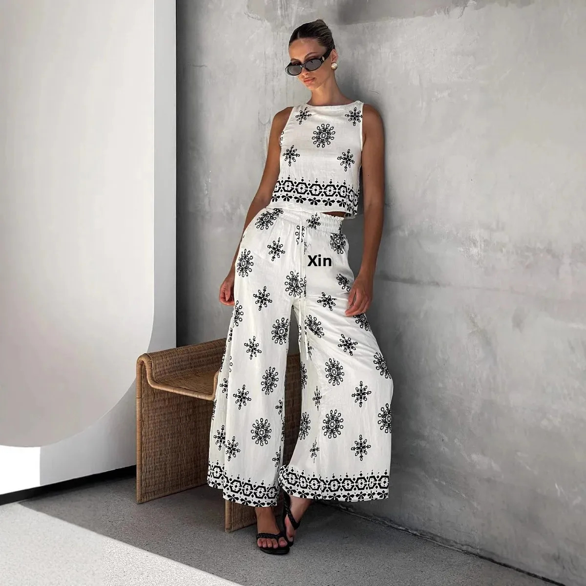 Casual Fashion Womens Sleeveless Top And Wide Leg Pants Set 2025 CrossBorder Print Womens Clothing Ensemble Linen Material 250609