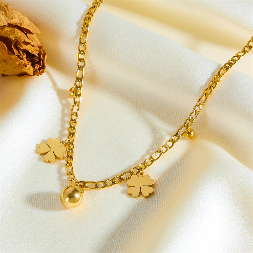 New Double Layer Gold Round Ball Stainless Steel Pendant Four-Leaf Clover Necklace Set Non-Fading Multi-Layer Jewelry
