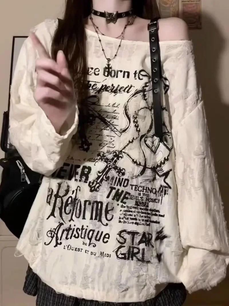 Grunge Gothic Off Shoulder Graphic T Shirts Women Y2k Clothes with Buckle Hollow Out Women Top Long Sleeve T-shirt Summer Autumn 250614