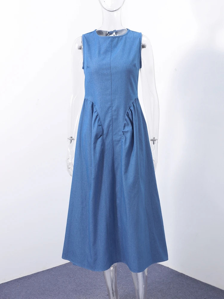 Chic Backless Pleated Female Denim Midi Dress Fashion Sleeveless Dresses for Women Summer Vintage High Waist Lady Long Vestidos 250613