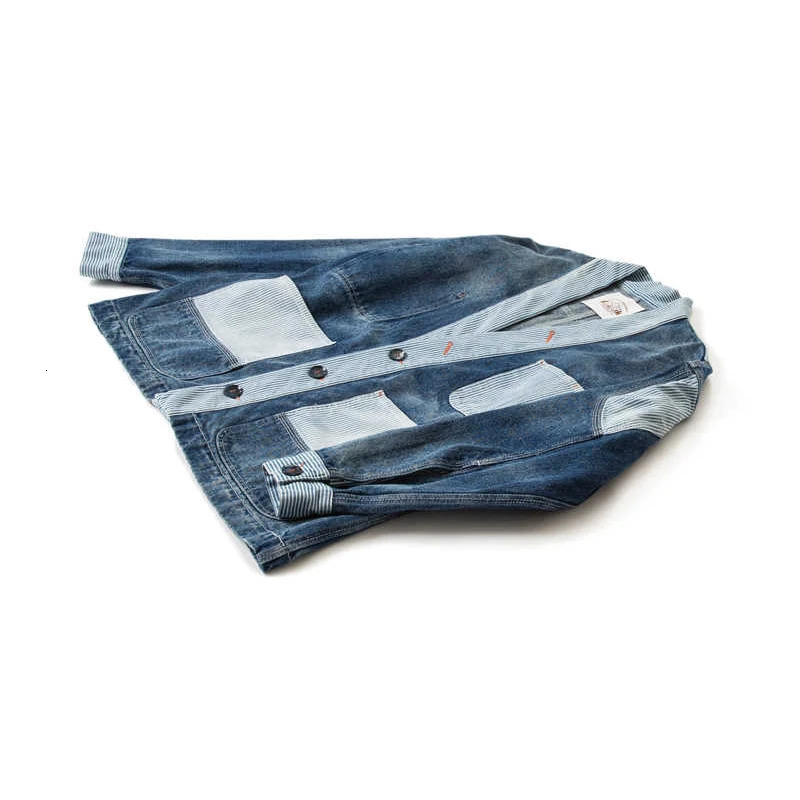 22AW Japanese Striped Patchwork Washed Denim Jacket for Men High Quality Coat 250614