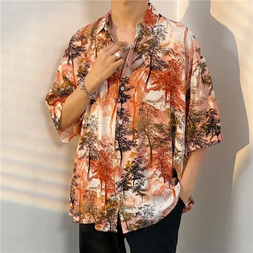 Men Street Fashion Summer Daily Shirt Hawaiian Cartoon Print Casual Loose Shirts Short Sleeve Beach Loose Tops Button Up Shirts 250609