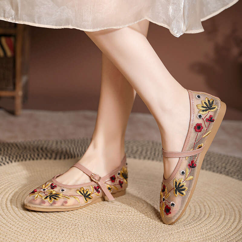 Fashion Breathable Flat for Women, One-Strap Round Toe Mary Jane NEW Single Shoes, Green Floral Embroidered Mesh Ballet Shoes