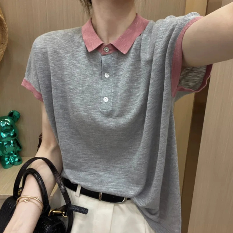 Polo Neck T Shirt for Women Summer Outfit Baggy Contrast Color Woman Tshirt Y2k Fashion Clothing Trend 2025 Pretty Basic 250609