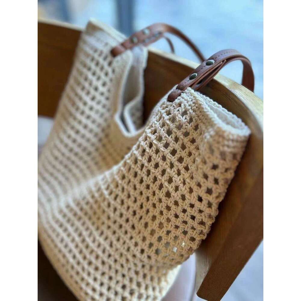 Beach Same Style Cotton 2025 New Summer Woven Hollow Handbag Niche Design Mesh Bag Women
