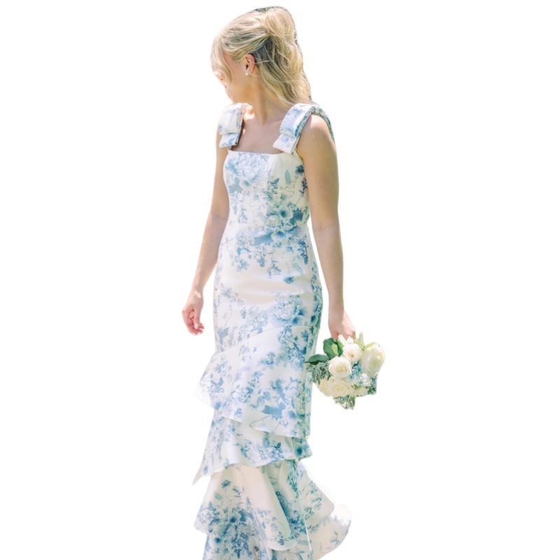 Blue Floral Print Satin Bridesmaid Dress Bow Straps Long Wedding Guest Gowns Sleeveless Pastrol Prom Party Dress 2025 Special Occasion Wear