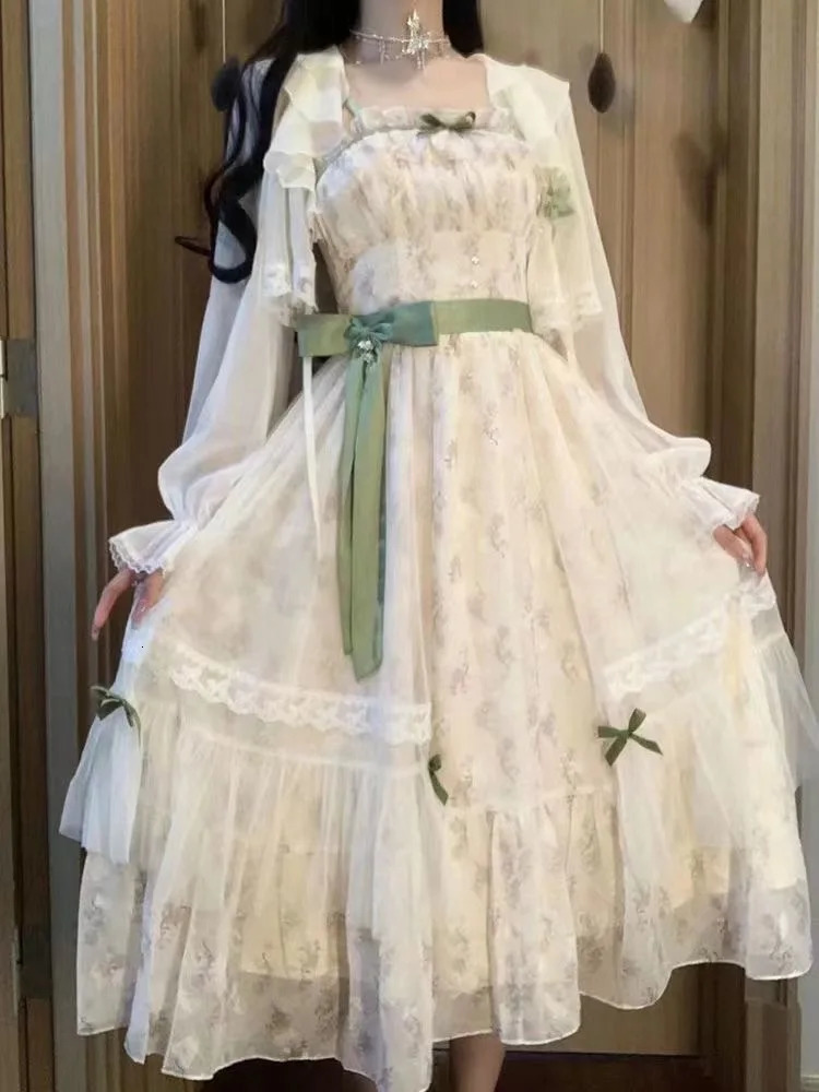 2 Piece Dress Sets Women Elegant Chiffon Summer Casual Slim Strap Dress Fairy Cardigan Fashion Chic Vintage Suit Even Party 250609