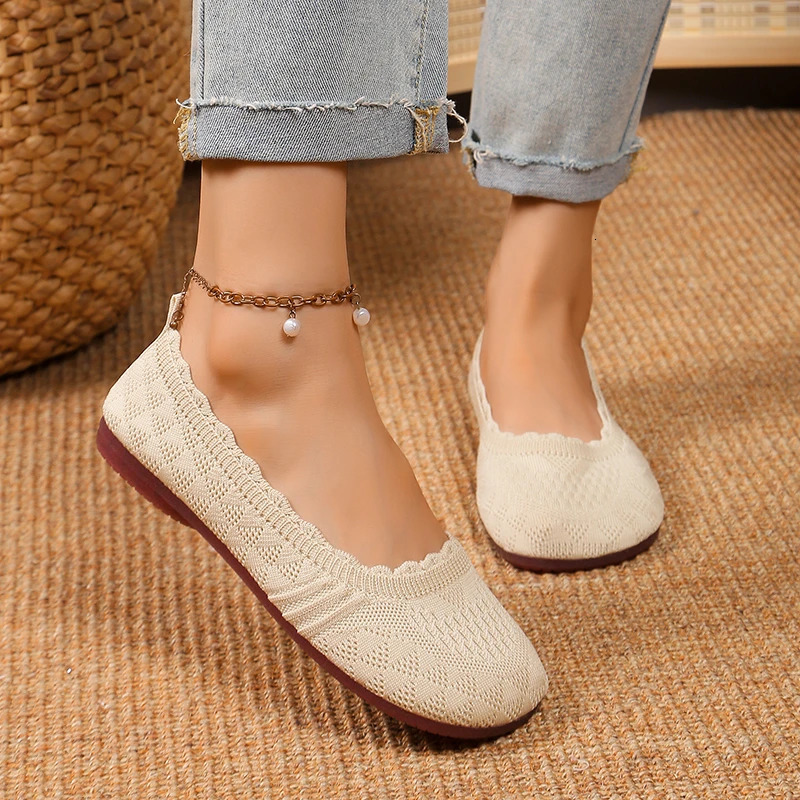 Women Flats Solid Color Mesh Breathable Sneakers Women Soft Bottom Knit Ballet Loafers Shoes Casual Slip on Boat Shoes for Women 250613