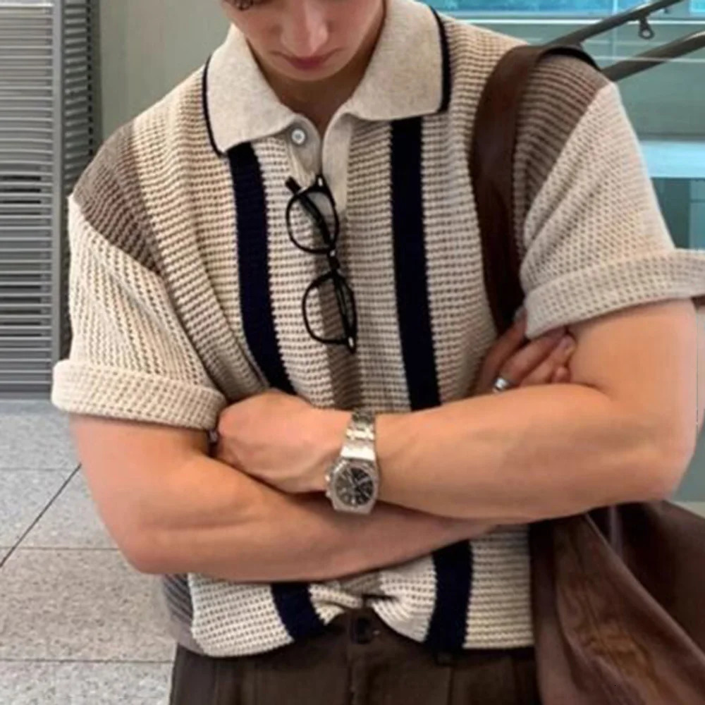 Summer Mens Striped Hollow Color Matching Short-Sleeved Polo Shirt Retro Casual Fashion Trend Loose Breathable Mens Tops 250614