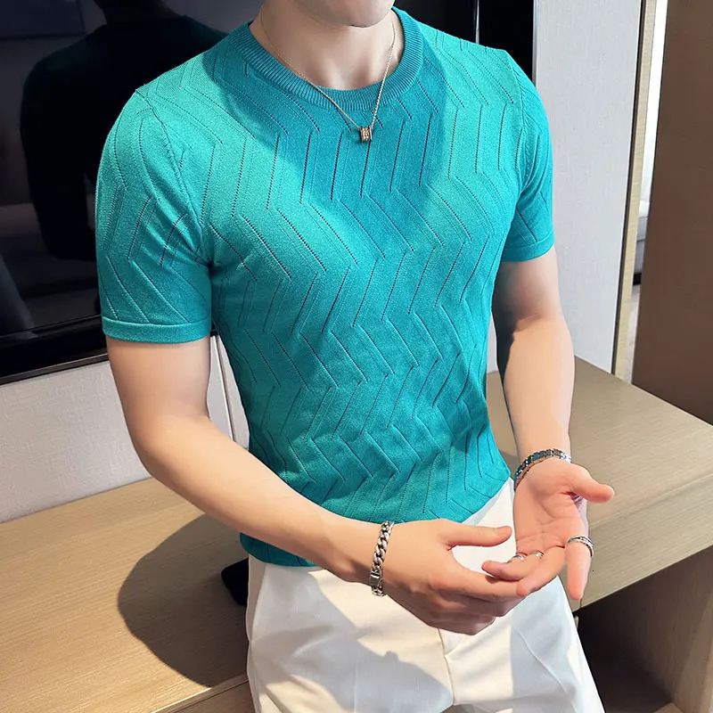 Summer Fashion Hollow Knitted Short Sleeve T-Shirts For Men Clothing O-Neck Breathable Casual Slim Fit Tee Shirt Homme Sale 250614
