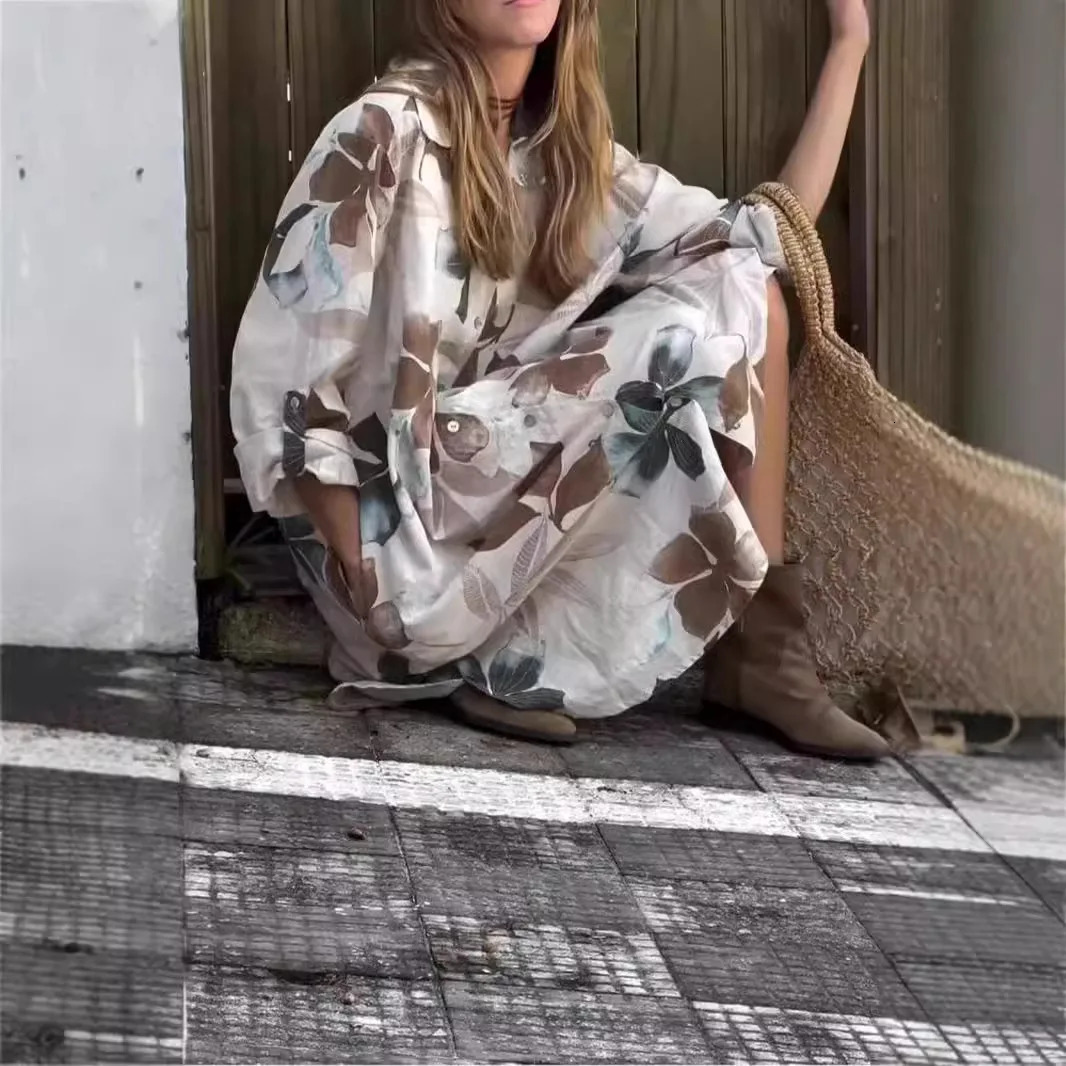 Womens Spring Summer Loose Shirt Dress Fashionable Floral Print Vneck Longsleeved Singlebreasted Cotton And Linen Dress 250611