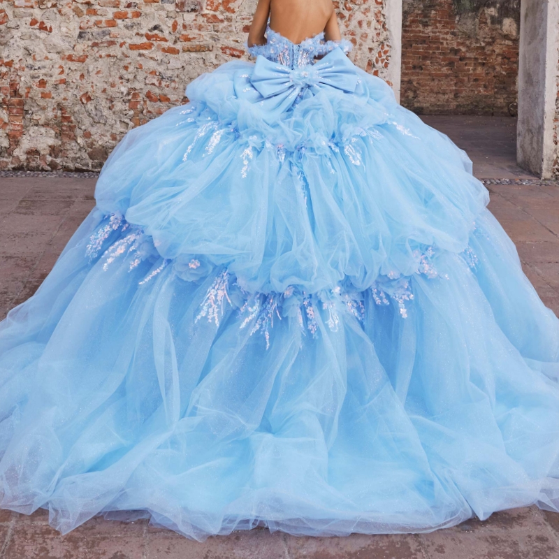 Sky Blue Shiny Quinceanera Dresses Ball Gown Off The Shoulder Sequin Applique Lace Beading Crystal Bow Tull Sweet 16 Dress Vestidos 15 De Anos